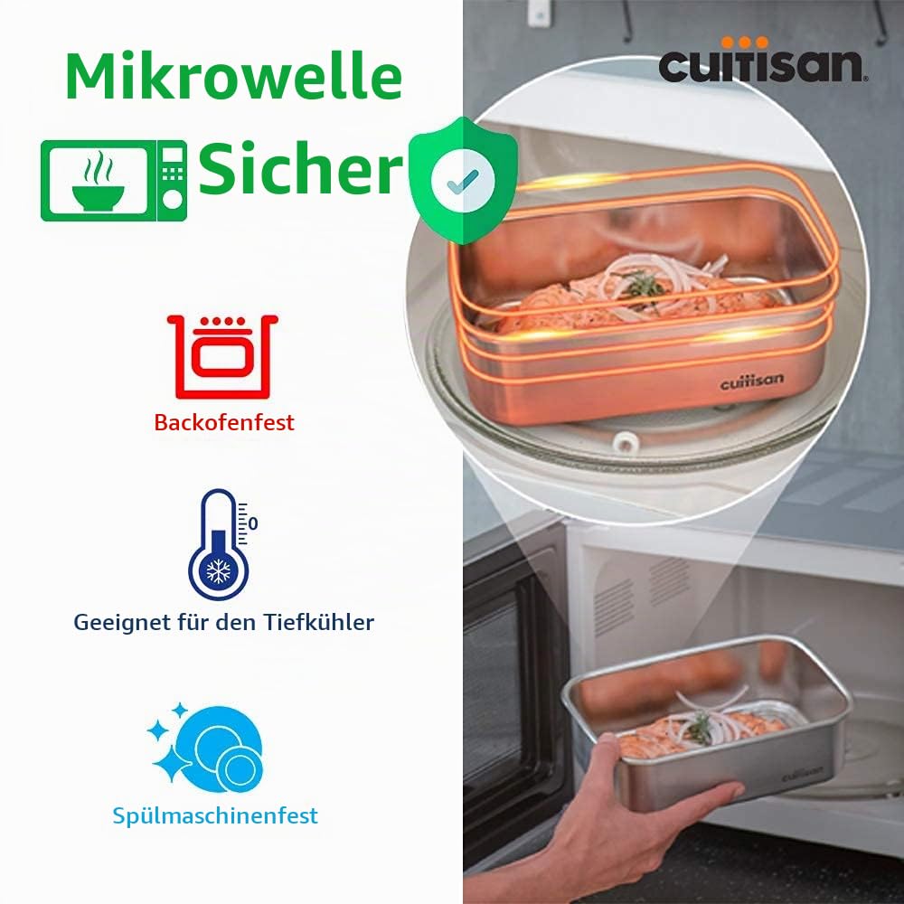 CANDL Cuitisan (Flora) Frischhaltedose aus rostfreiem Edelstahl mit Clipverschluss-Deckel, rechteckig, geeignet für die Mikrowelle + Ofen, Vorratsdose, EC7-SS09 1900ml