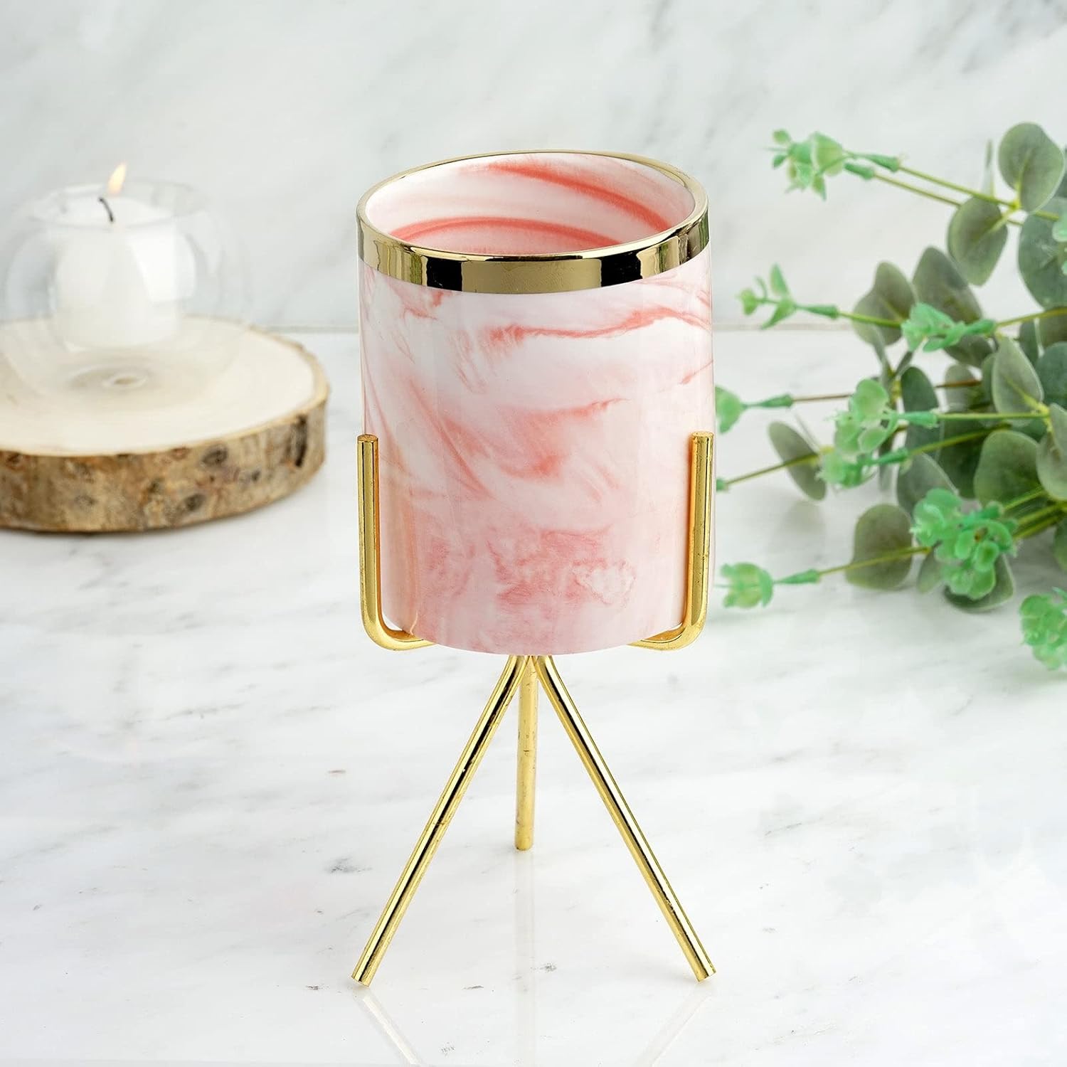 Tableclothsfactory 8 Pink | White Marble Swirl Ceramic Flower Pot Succulent Planter with Metal Gold Stand for Wedding Decoration