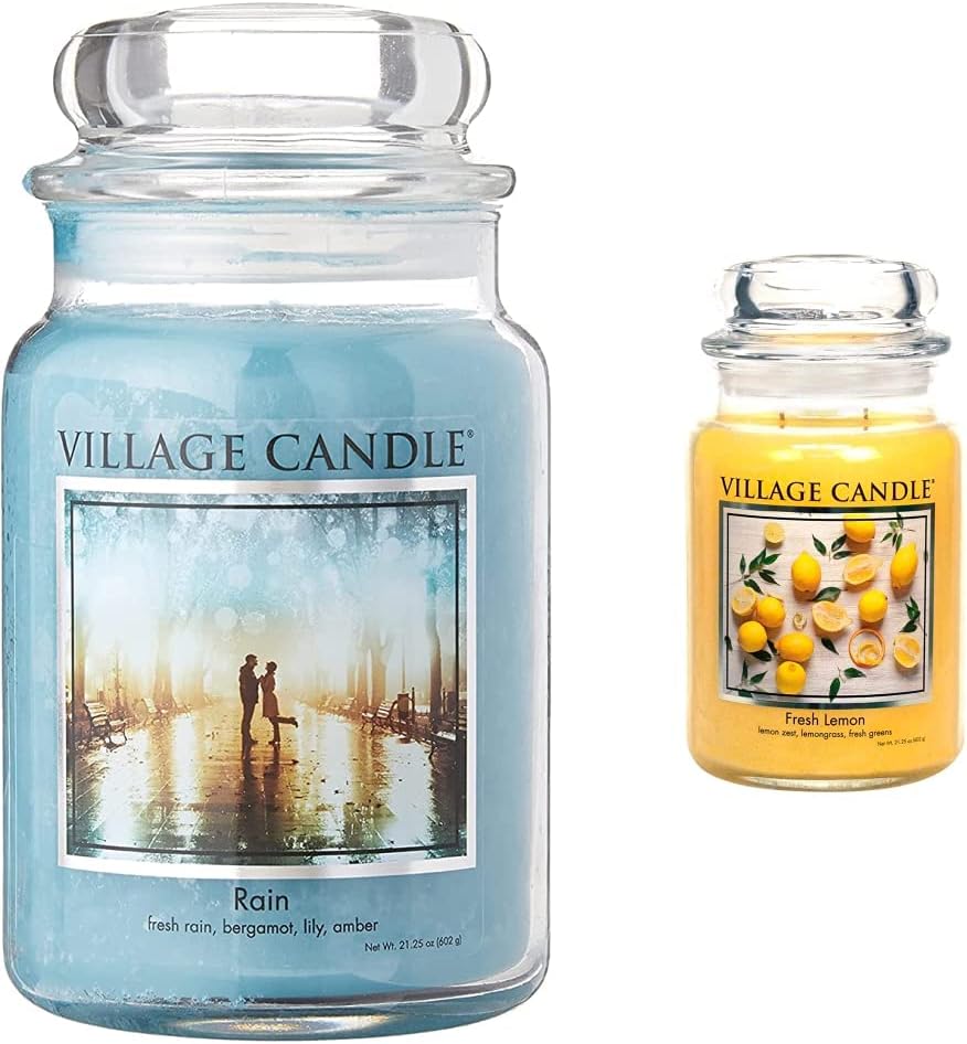 Village Candle Rain Large Glass Apothecary Jar Scented Candle, 21.25 oz, Blue & Fresh Lemon Large Apothecary Jar, Scented Candle, Yellow, 21.25 oz.
