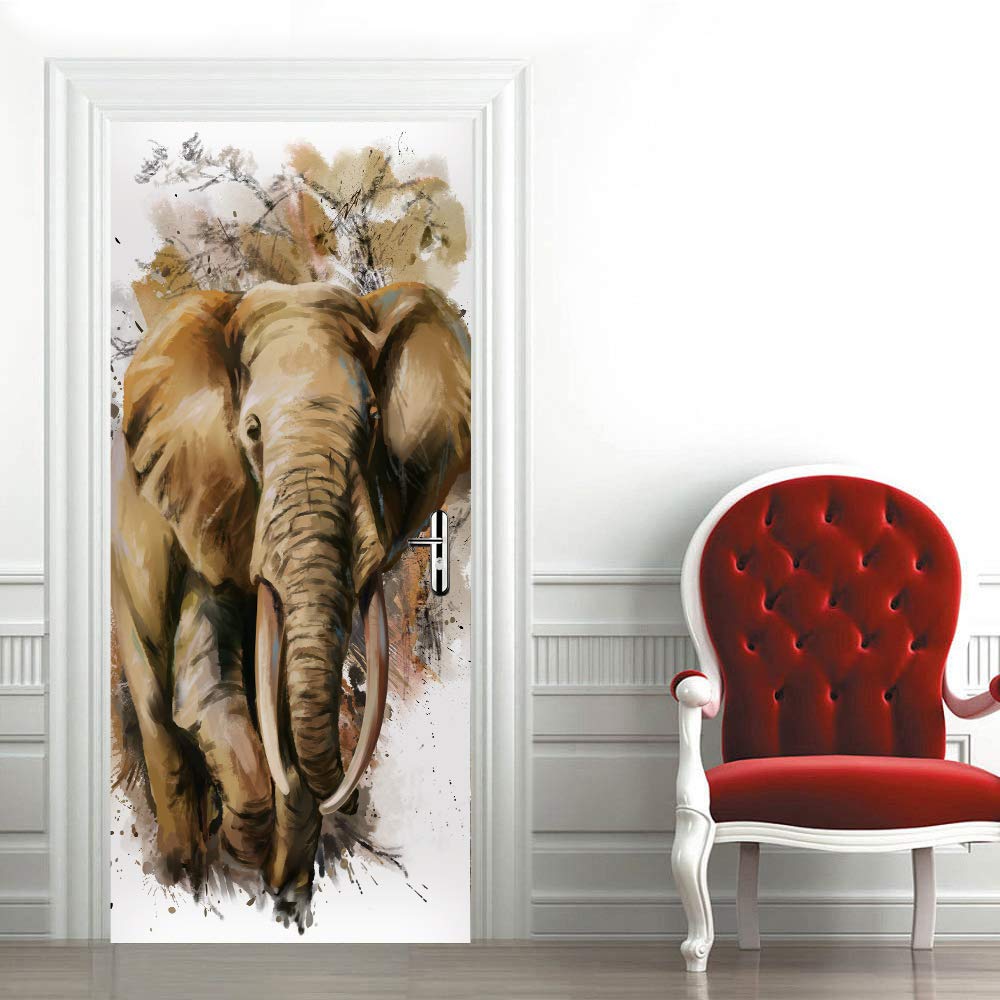 Sticker porte trompe l'oeil 3D éléphant poster mural intérieur déco salon 83x204 cm