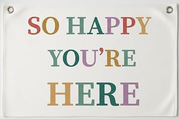 So Happy Youre Here Canvas Banner, 30 x 20 Inch Reusable Fabric Wall Hanging with Metal Grommets, Pastel Welcome Backdrop for Entryway, Party, Guest Hallway, Classroom Decor