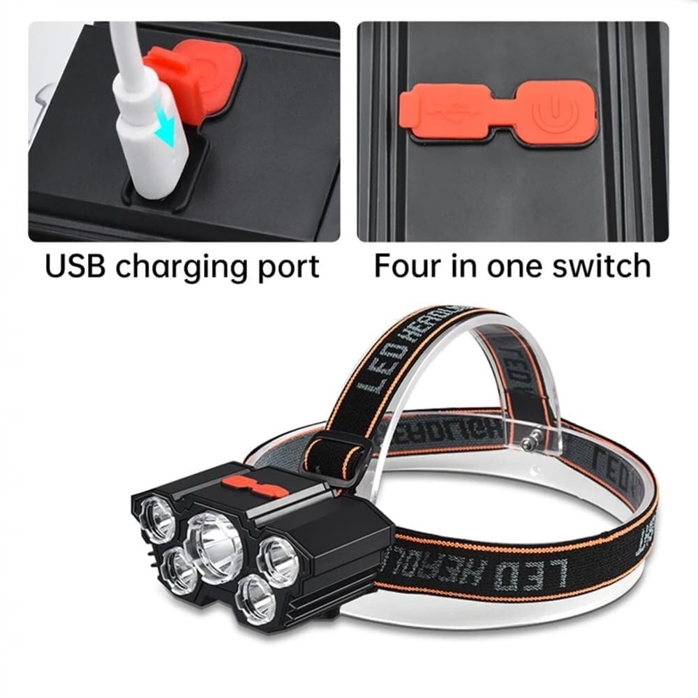 Latarka czołowa LED ładowana przez USB, wodoodporna, mocowana na głowie, do wędkowania nocnego i pieszych wędrówek(5led)