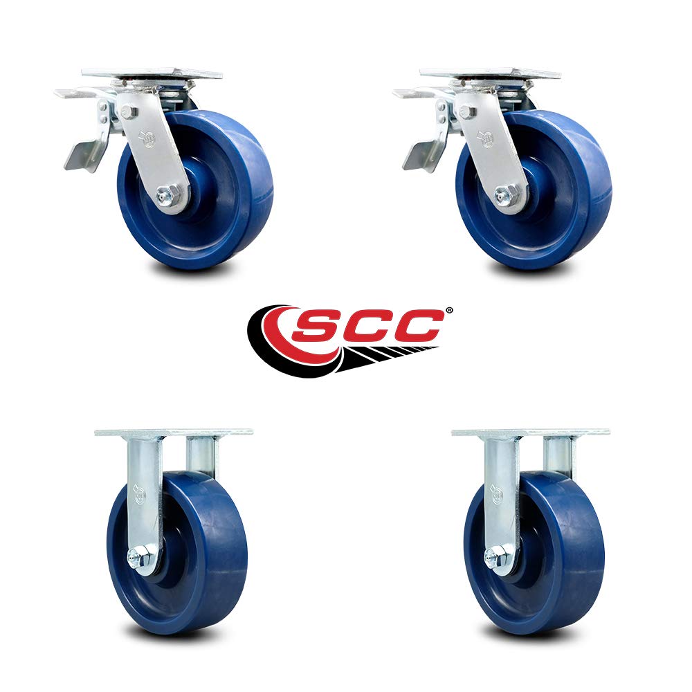 Heavy Duty Swivel Caster Set of 4 with 6 Inch Solid Polyurethane Wheels and Ball Bearings - Includes 2 Swivel with Total Lock Brakes and 2 Rigid – 4,800 lbs. Total Capacity - Service Caster Brand