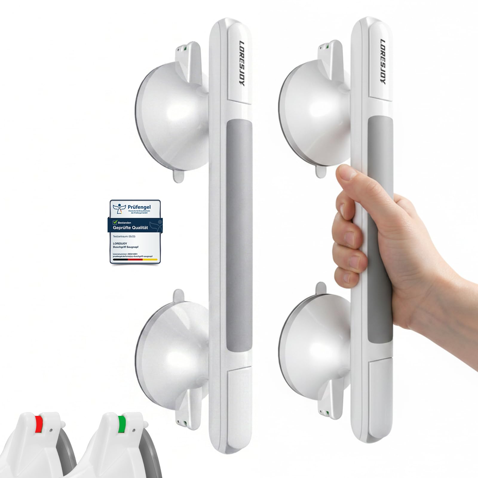 LORESJOY Suction Grab Rails for Bathroom Safety, Shower Handles with Indicator, No Drill Installation, 110KG Support for Elderly, Disabled, Seniors, Bath & Toilet Mobility Aid (Pack of 2)