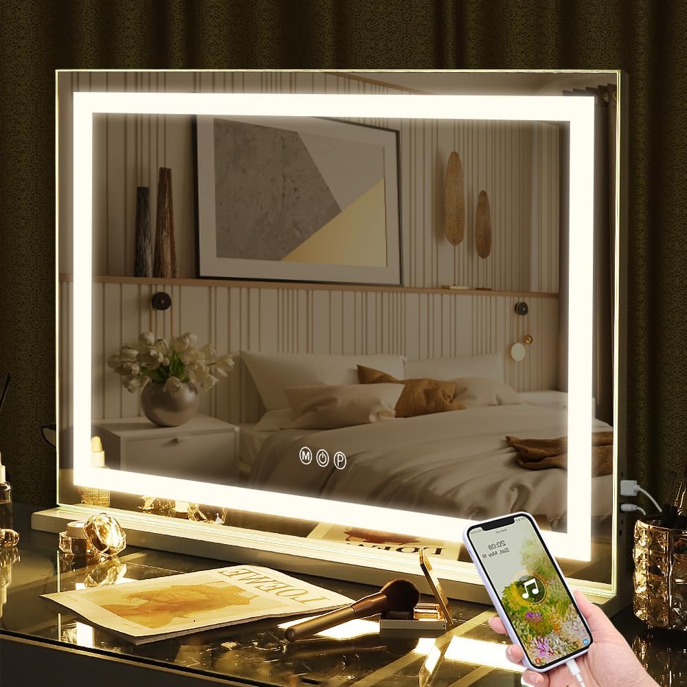 FENCHILIN Vanity Mirror with Lights 32” x 23” Hollywood Makeup Mirror with Light Strip Smart Touch Control 3 Colors Dimmable Light Strip & 10X Magnification White