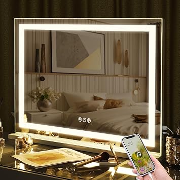 FENCHILIN Vanity Mirror with Lights 32 x 23 Hollywood Makeup Mirror with Light Strip Smart Touch Control 3 Colors Dimmable & 10X Magnification Tabletop White