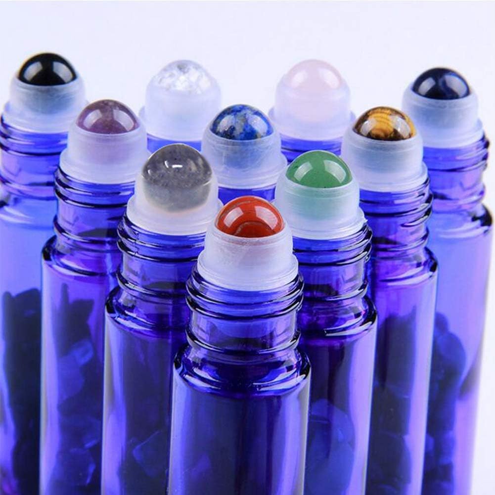 fengshuisale Essential Oil Roller Bottle EVA Carrying Travel Case 10pcs Gemstone Roller Ball Color Glass Essential Oil Bottles 10ml Crystal Chips Inside Portable Home Containers W3484