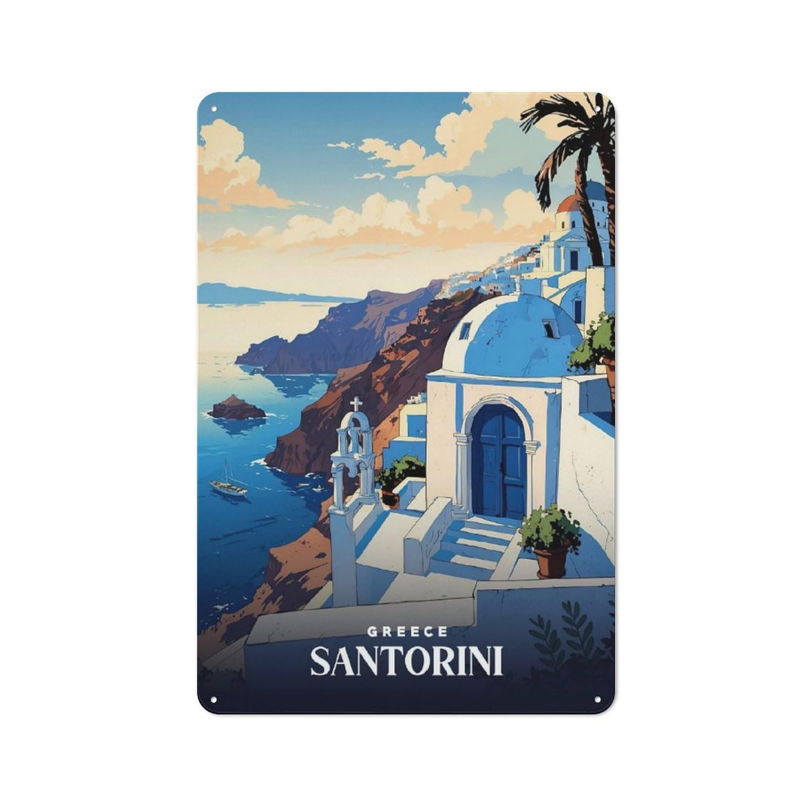 Junmoney Style-20 Urban Santorini Greece Travel (2) Decorative Metal Plaque 30X20cm, Urban Room Decor For Flat, Bar, Studio Or Gallery Wall