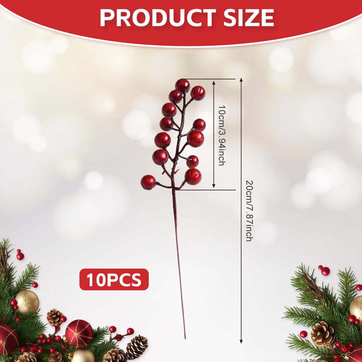 Greentime Lot De 16 Artificielle Rouge Berry Tiges Houx Pour Décorations De Noël Pour Travaux Manuels, Vacances Et Décoration De Maison