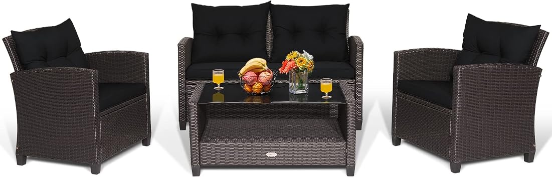 Tangkula 4-Piece Patio Furniture Set, Rattan Wicker Chair Set with 1 Loveseat, 2 Single Sofas, 1 Coffee Table with Tempered Glass Top, Outdoor Furniture Sets for Backyard, Porch, Garden and Poolside