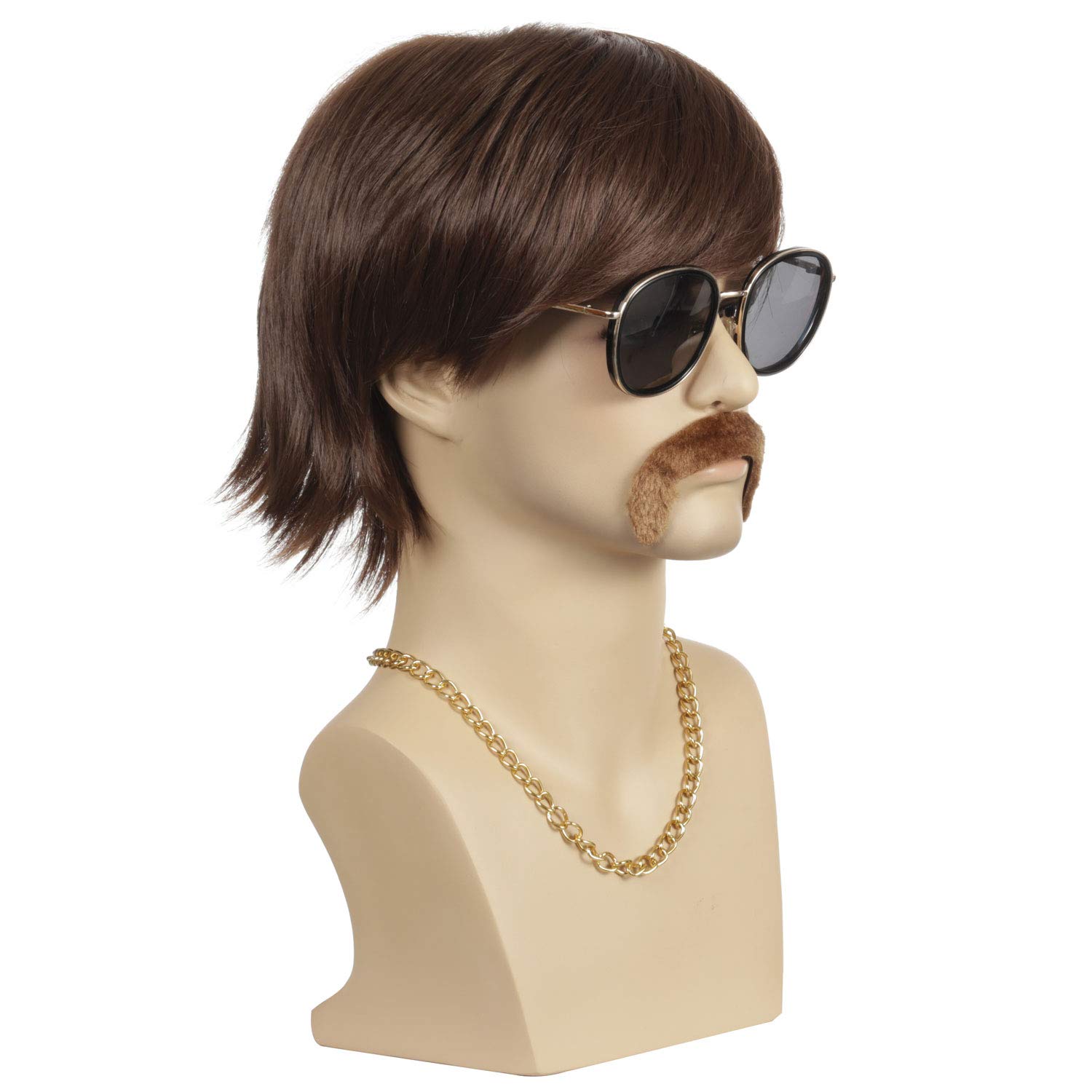 QACCF Mens 70's Wig | Mens 70s Gold Chain and Mustache and 60s Party Wig (Straight Sonny Bono Brown)