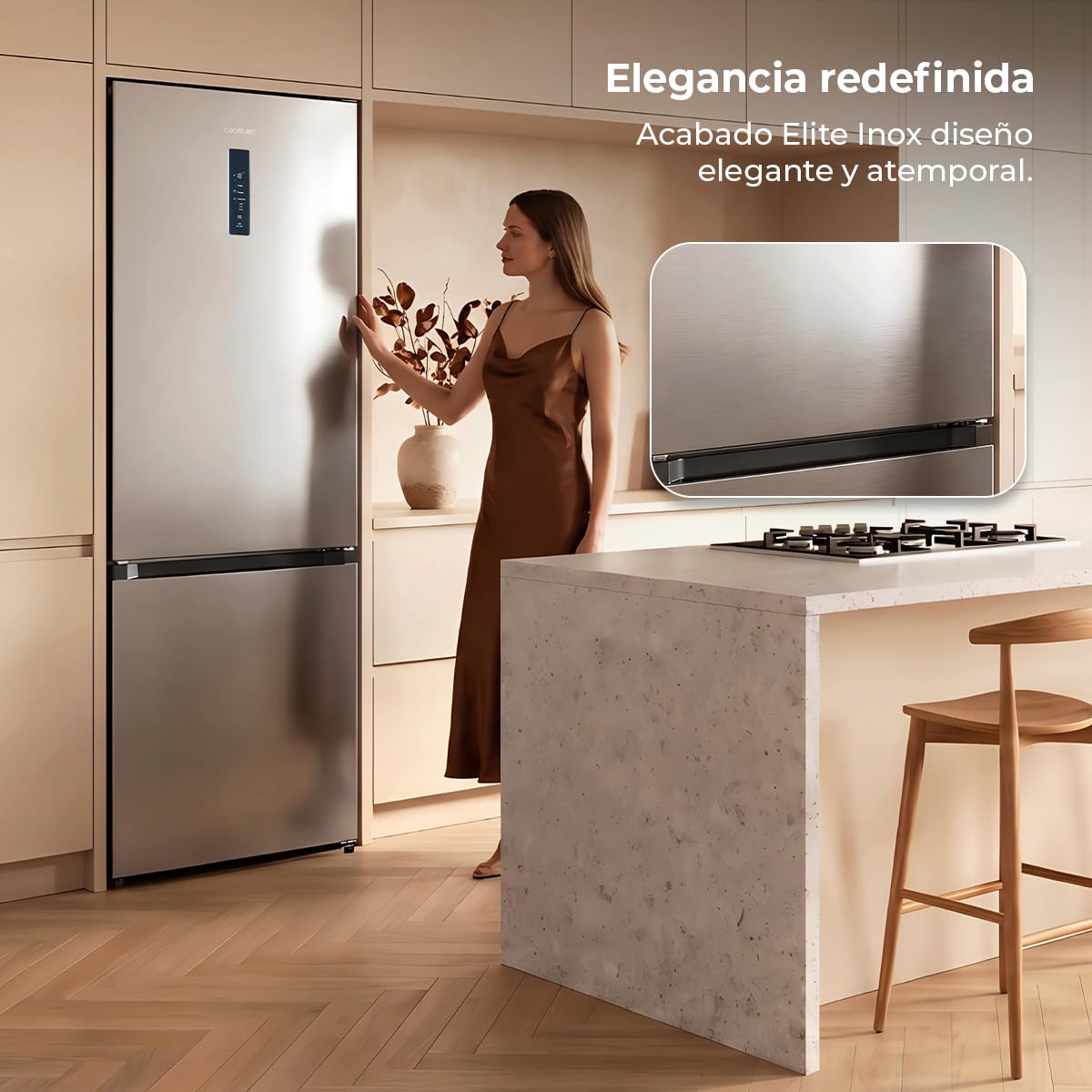 Cecotec Frigorífico Combi Total NoFrost de 405L Bolero CoolMarket Combi 405 WL Elite Inox D. 200 cm de Alto, 60 cm de Ancho, Clase D, MetalFlex Cooling, Fresh Flex, Interior en Elite Grey, Inox