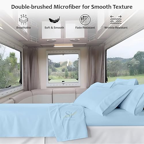 Miniatura 5 de Juego de sábanas de microfibra para caravanas, 70 x 80 pulgadas, tamaño King, color azul claro, lisas, sábanas para caravanas, remolques de viaje y