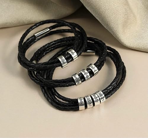 Miniatura 8 de TAONE Personalized Mens Leather Bracelet, Family Name Bracelet,Custom Engraved Name Bracelet, Sterling Silver Beads Bracelet, Fathers Day Gift Lover