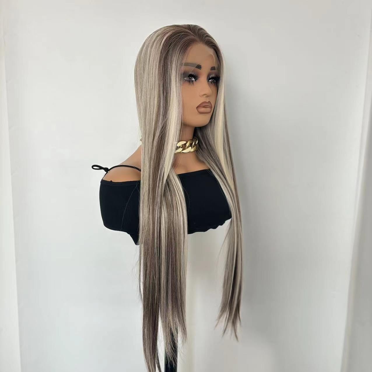 Highlighted Ash Blonde Lace Front Wig 13x4 Lace Long Straight Heated Synthetic Ombre Brown Blonde Lace Front Wig for Women Daily Cosplay 24in