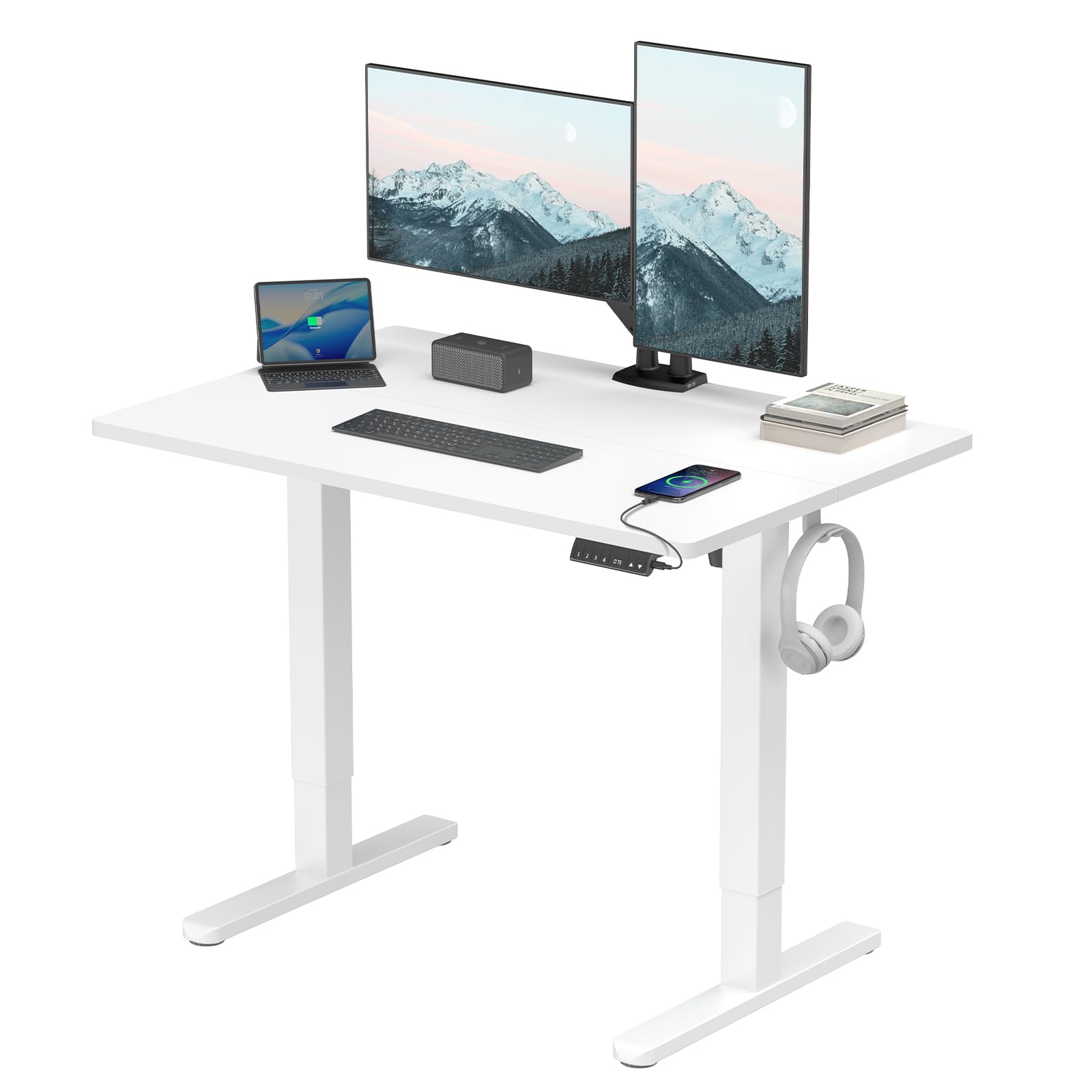 HUANUO Scrivania regolabile in altezza 120x80 cm con porte di ricarica USB-C e USB-A, regolabile in altezza da 72 a 118 cm, 4 impostazioni predefinite memorizzabili,Desktop a 2 parti