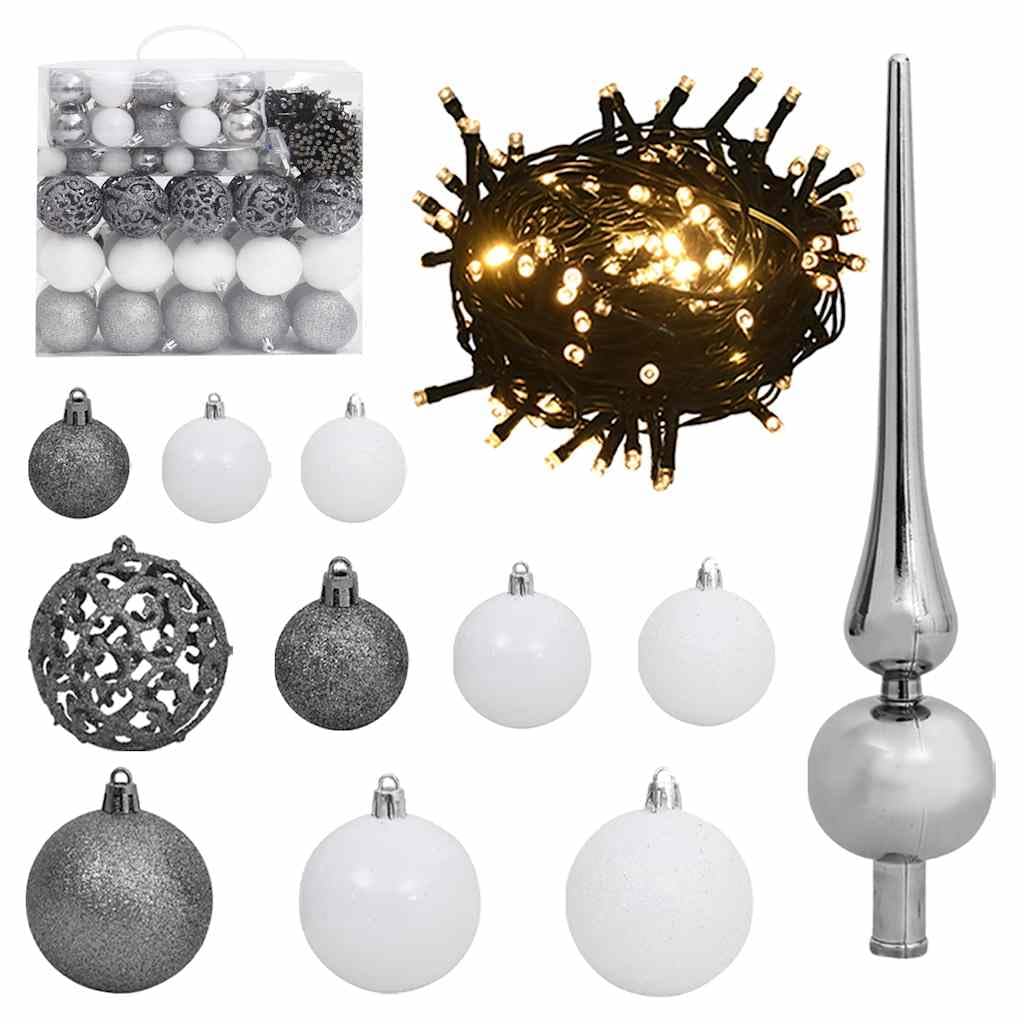 Künstlicher Weihnachtsbaum 210 cm mit 300 LED Lichterkette und Weihnachtskugeln Set, beschneiter Kunstbaum mit 8 Beleuchtungsmodi für Wohnzimmer und Balkon, inklusive Metallständer