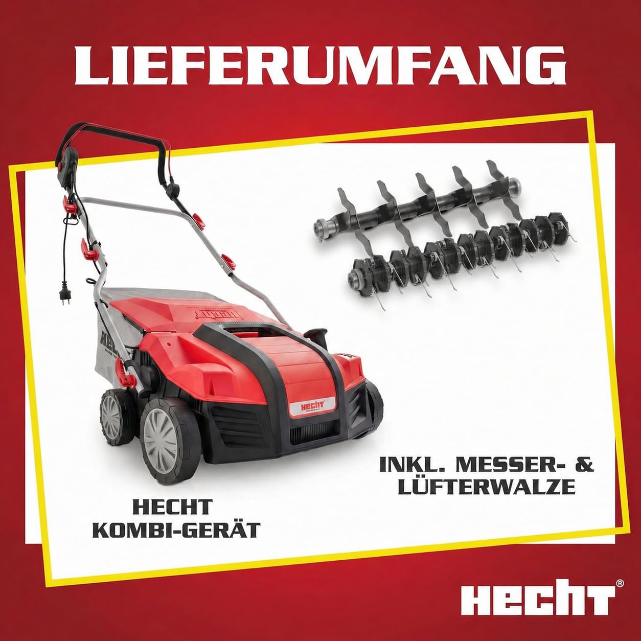 HECHT brandneuer 2 in 1 elektro Vertikutierer - Vertikutierer Elektro für einen schönen grünen saftigen Rasen – Starke 2000 Watt mit Lüfter- und Messerwalze - großzügiger 55l Auffangsack – elektrisch