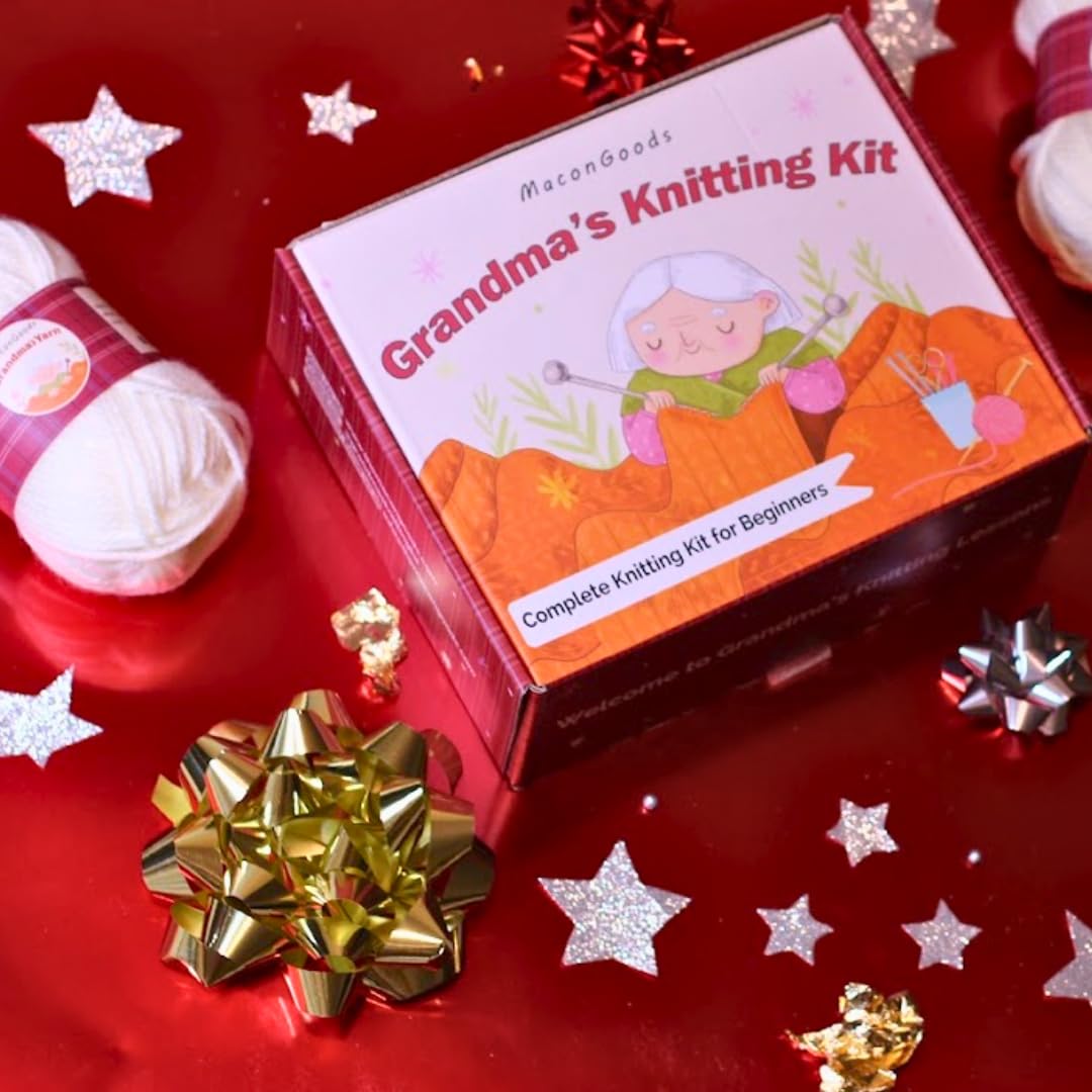 MaconGoods Grandma's Strickset, komplettes Strickset für Anfänger, enthält Anfängergarn, Bambusnadeln, Video-Tutorial und schriftliche Anleitung und mehr, einfaches Stricken lernen