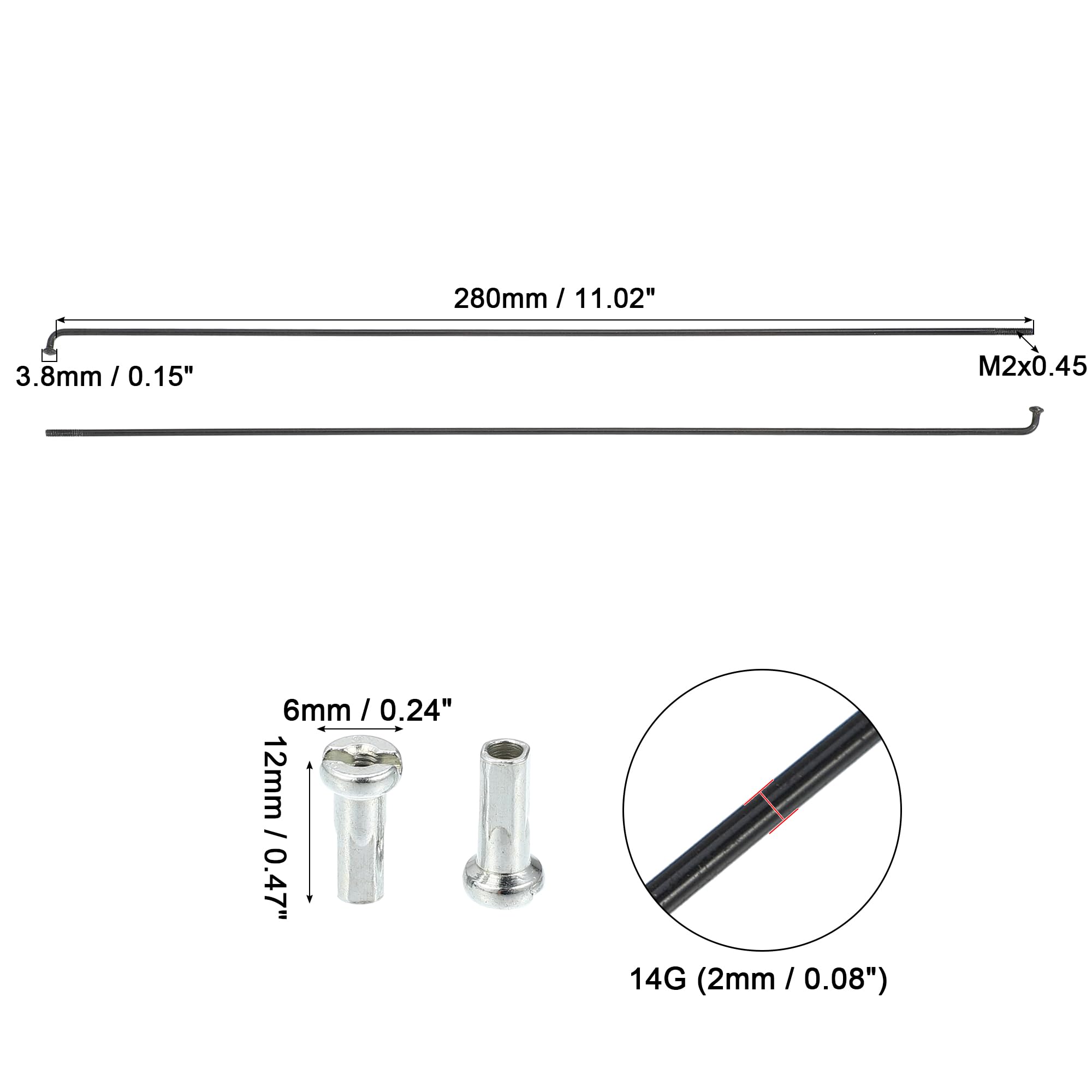 QUARKZMAN Rayons De Vélo Coudés en J 14G 36 Pièces Noir Acier 280mm | Acier, Pour Vélo Et Moto, Tétons 12x6mm, Tête Coude 3.8mm, Filetage M2x0.45, 36 Écrous