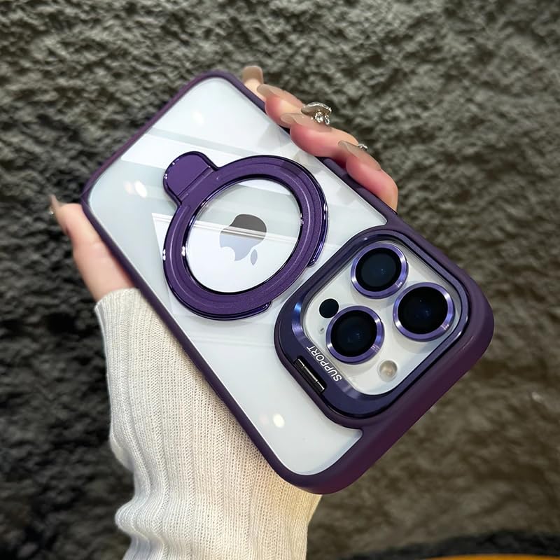 Image of LuxuryKase Magnetic Clear Case for iPhone 15 Pro Max | Metal Ring Stand | Camera Lens Protector Rings | Shockproof Hard PC Back | MagSafe Compatible | TPU Bumper - Purple