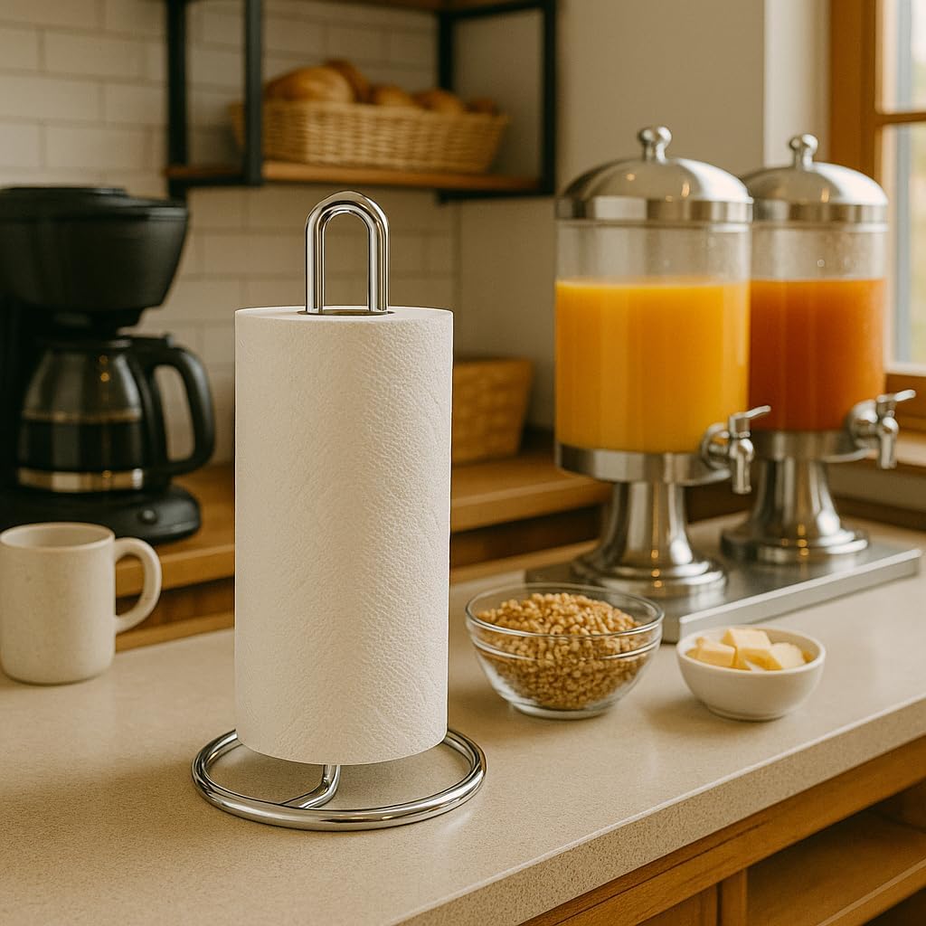 Creative Home Heavy Duty Metal Paper Towel Holder | Standing Roll Dispenser for Kitchen, Dining Countertops, Bathroom, Stable Base, 4.8" Diam × 11.8" H, Chrome Plated