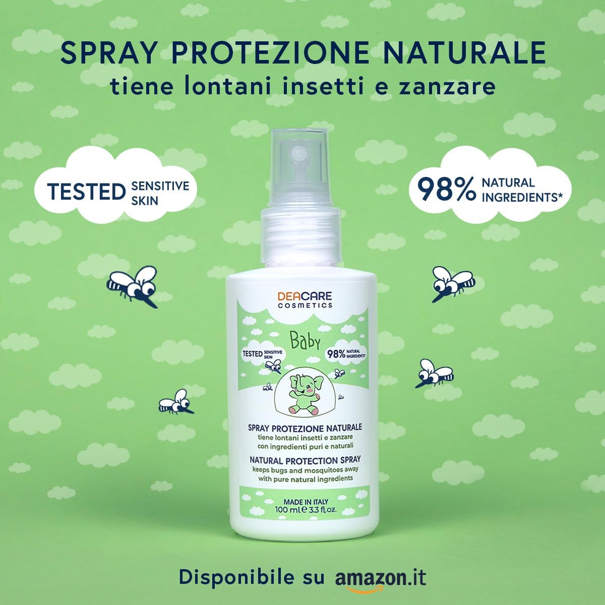 Deacare Baby KIT 2 SPRAY PROTEZIONE ZANZARE E INSETTI NATURALE, Spray Protettivo Bambini con Olio Essenziale di Citronella, Ingredienti Naturali, Dermatologicamente Testato Pelli Sensibili - 2x100ml