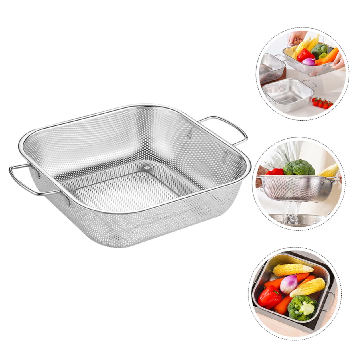 OUNONA Colador de Arroz de Acero Inoxidable Cesta de Drenaje Cocina con Asas Dobles para Frutas Verduras y Arroz