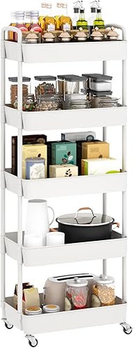 Miniatura 8 de Sywhitta - Carrito rodante de utilidad de plástico de 5 niveles con asa, carrito de almacenamiento multifuncional para oficina, sala de estar