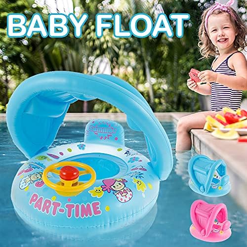 Baby Swimming Float with Inflatable Sunshade,Baby Swimming Ring with Steering Wheel Swim Safe Seat Baby Swimming Aid Float for Age of 3-48 Months Helps Baby Learn to Kick and Swim