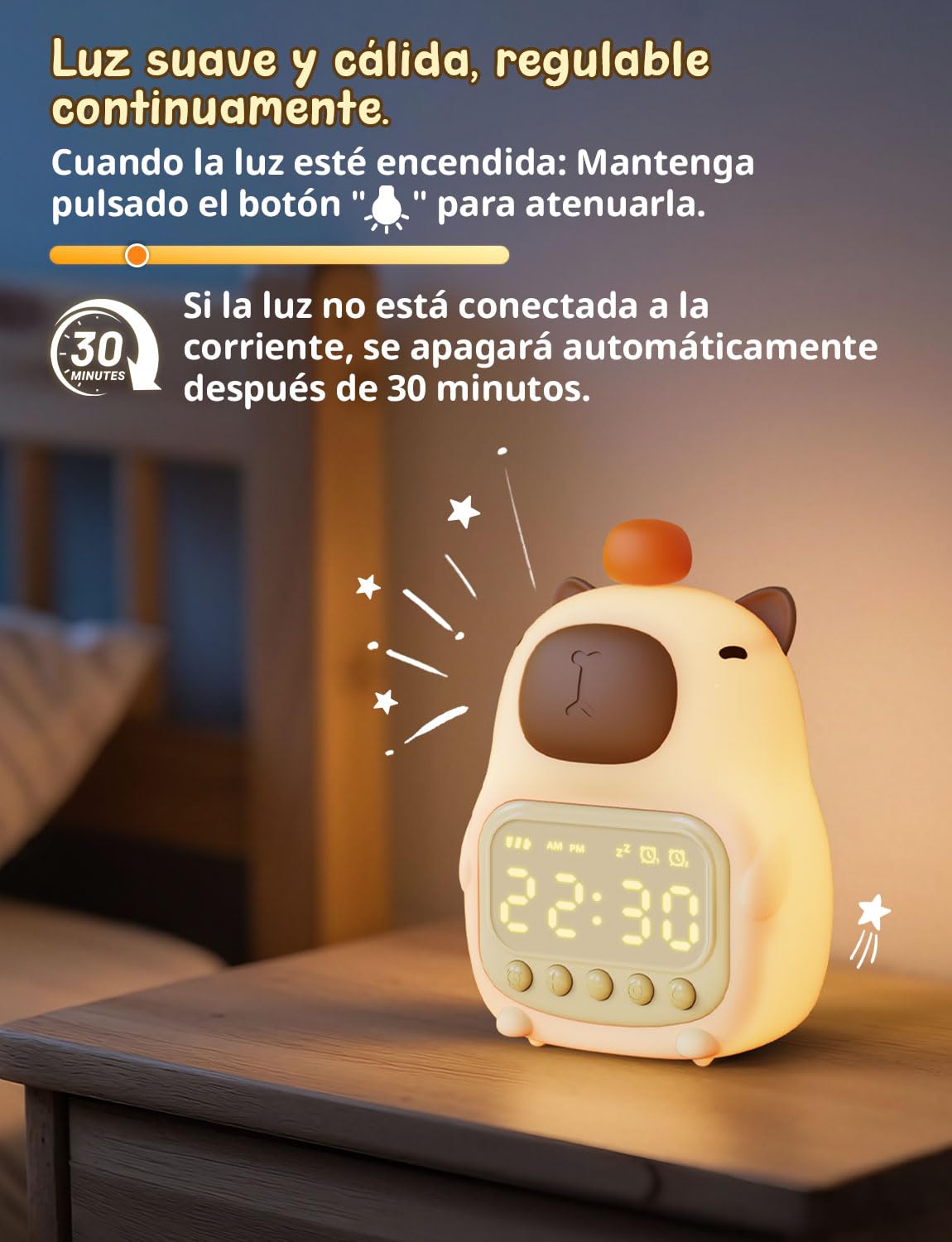 YISSVIC Despertador Infantil Reloj Despertador Digital 2 Alarmas Brillo Ajustables 8 Volumenes 5 Músicas, Función de Repetición Luces Nocturnas Recargable de 1800mAh para Infantil Adulto- Capibara