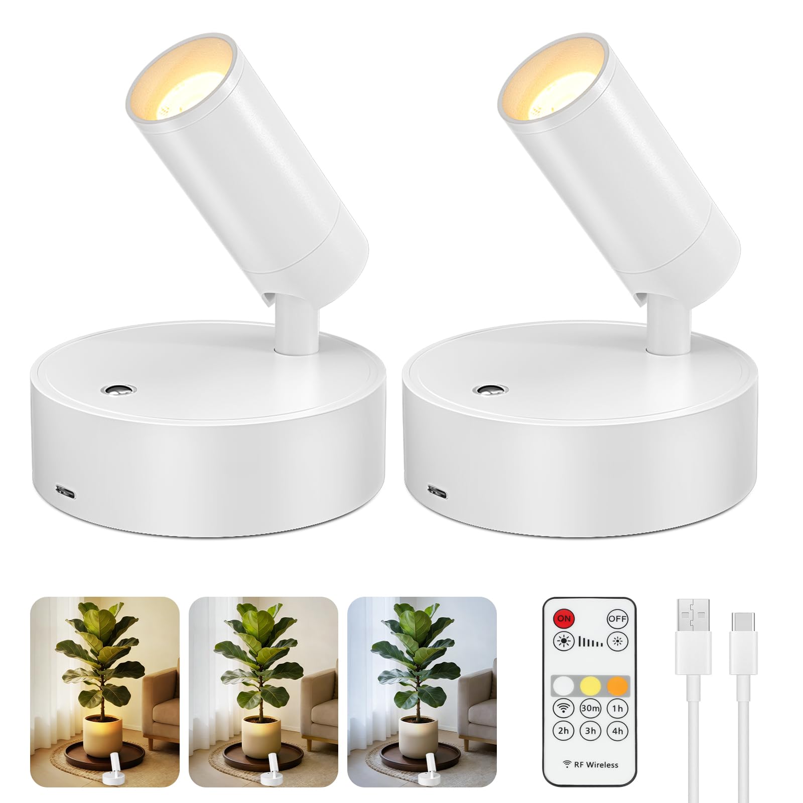 Rechargeable LED Spotlights for Plant 2-Pack White Wireless Uplighting | Timer, Dimmable,3 Color Temps, 13-40hr Battery, Accent Lighting for Plants, Pictures &amp; Home Decor