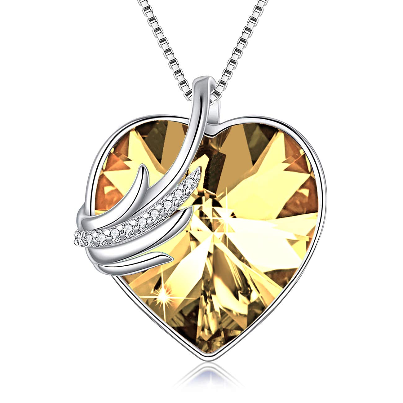 HantaostyleAngel Wings Love Heart Crystal Necklaces 18k White Gold Plated Pendant Birthstone Necklace，Heart of The Ocean Necklace Jewelry Gifts for Womens