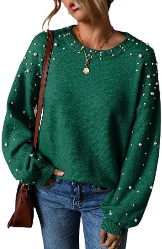 Pearl Sweater for Women Lantern Sleeve Drop Shoulder Crewneck Sweatshirt Knit Chunky Pullover Sweaters with Pearls