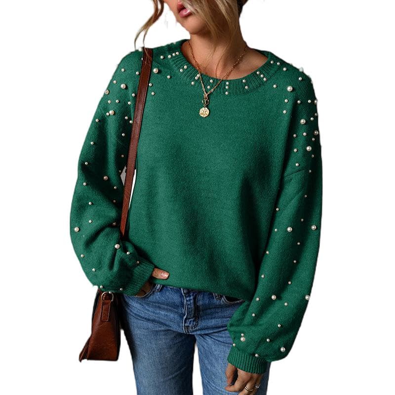Image of Pearl Sweater for Women Lantern Sleeve Drop Shoulder Crewneck Sweatshirt Knit Chunky Pullover Sweaters with Pearls