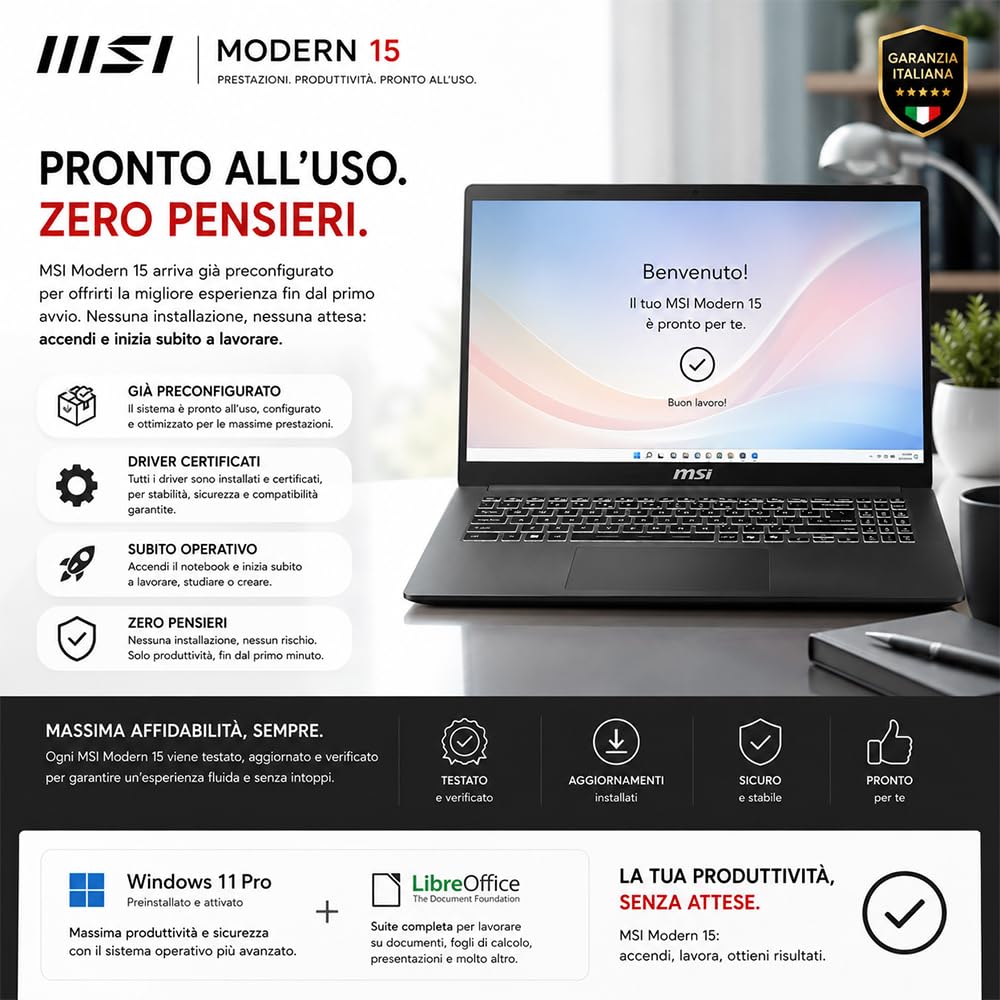 msi Notebook Modern 15 Intel Core 7 150u | 10 Core fino a 5400MHz, RAM 32GB, SSD 512GB, Display 15.6" IPS FHD, Tastiera retroilluminata, Ready to Use