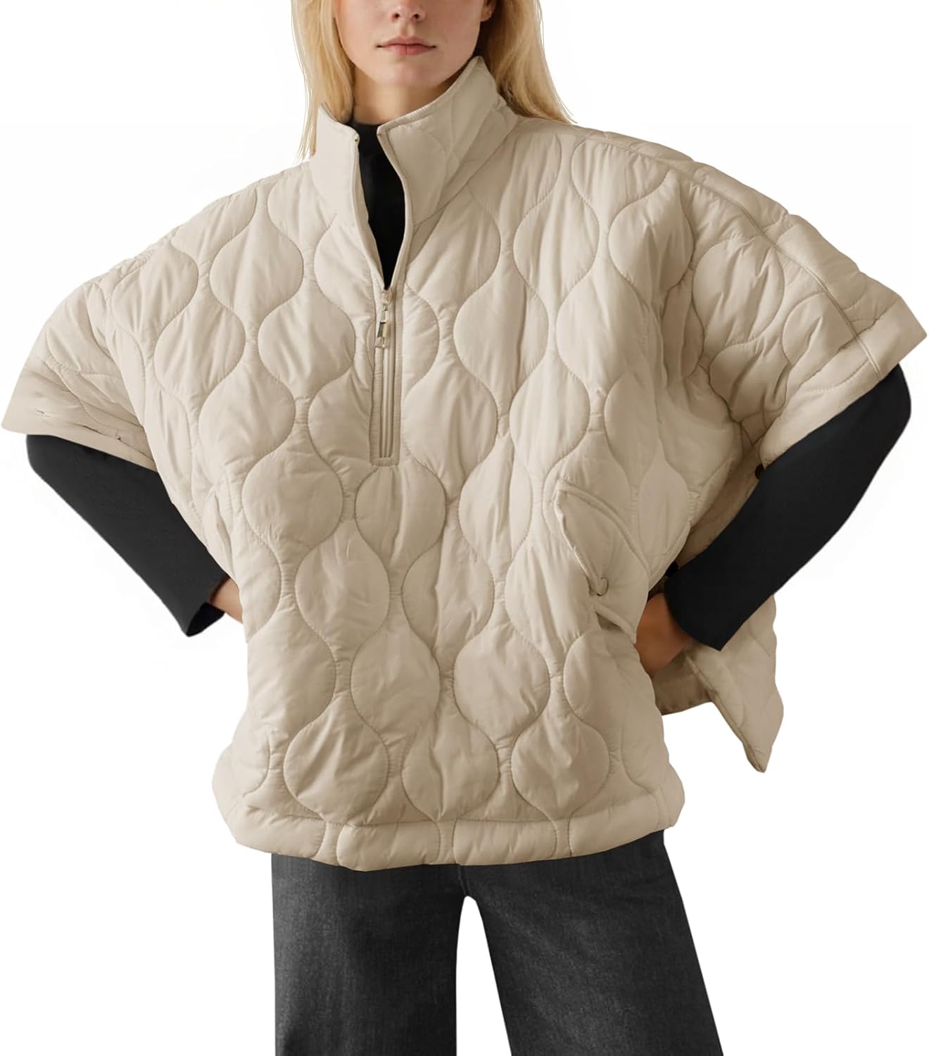 Fazortev Women's Puffer Poncho Pullover Quilted Jacket Short