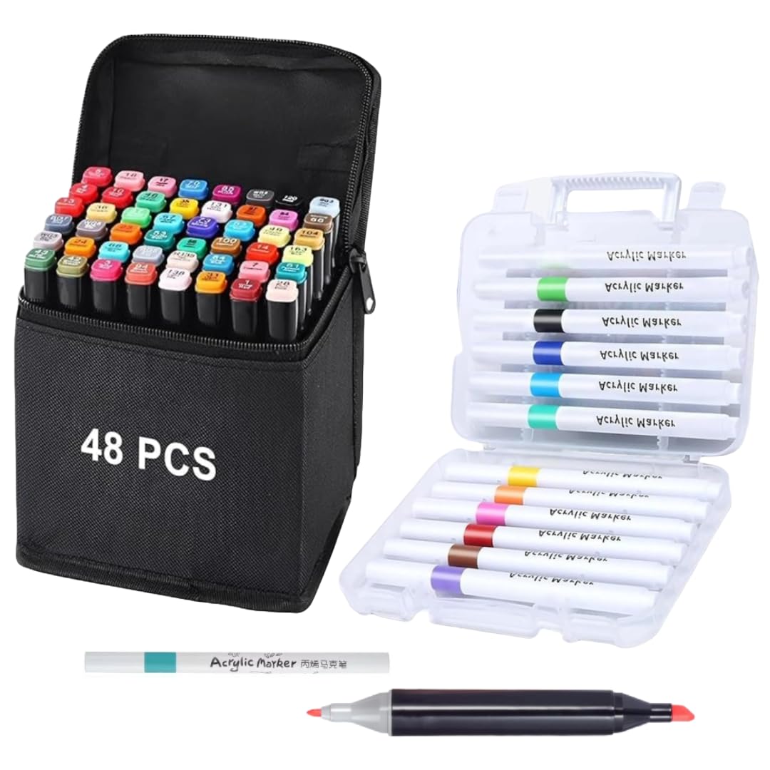 Corslet 60 Pcs: 48 Dual Tip Alcohol Markers Pens with 12 Acrylic Paint Marker Set Combo with Portable Zipper Bag & Carry Case Waterproof Permanent Paint Pens for Kids Art Supplies Multicolor Markers