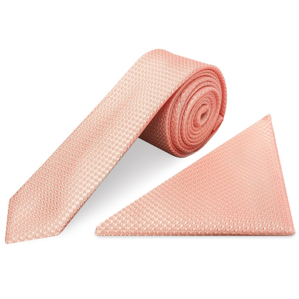 Ties R Us Men's Peach Textured Skinny Tie And Pocket Square Set