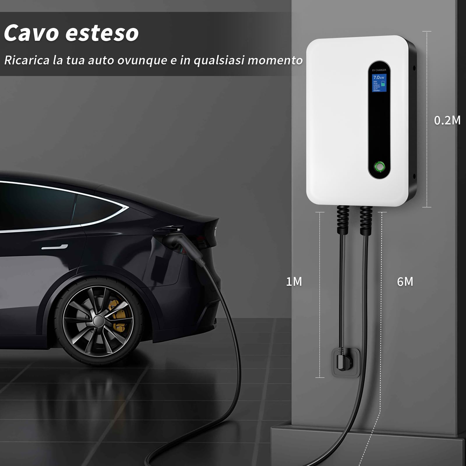 7.4KW Ricarica Auto Elettrica, Tipo 2 6M Cavo Ricarica EV, 32A Wallbox con Display LCD, IP66 Impermeabile Caricabatteria da Auto Elettrica Compatibile con Model Y e Altri EV