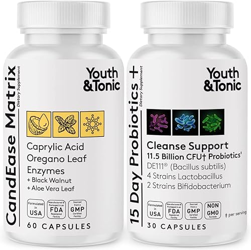 Youth & Tonic Suplemento de salud intestinal de orégano y ácido caprílico con probióticos y hierbas para el equilibrio de la flora intestinal, la