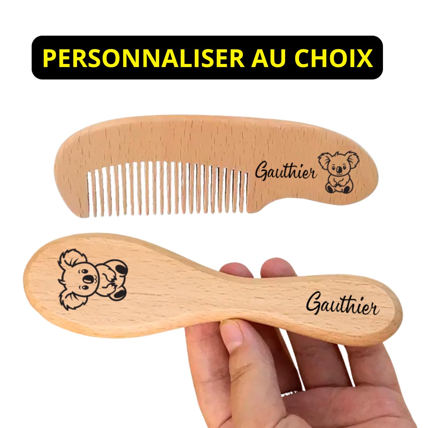 Obiboo Peigne et Brosse à Cheveux pour Bébé, Brosse en Laine et Peigne en Bois Personnalisé, Accessoires de Soin pour Nouveau-né