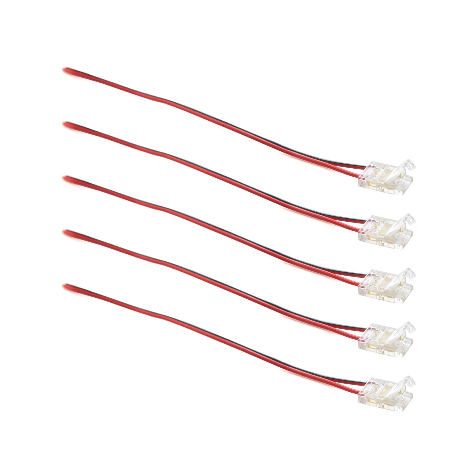 G.W.S® Solderless 1 End Wire Connectors, for 10mm Wide 2 Pin Single Colour LED COB Strip Lights, Pack of 5