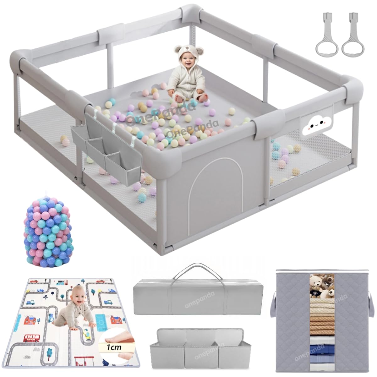 large baby playpen with mat, 71"×59" for babies and toddlers, big playpen with storage bag, ocean balls, playard gym for babies, activity center, kids fence light gray 71x59 inch