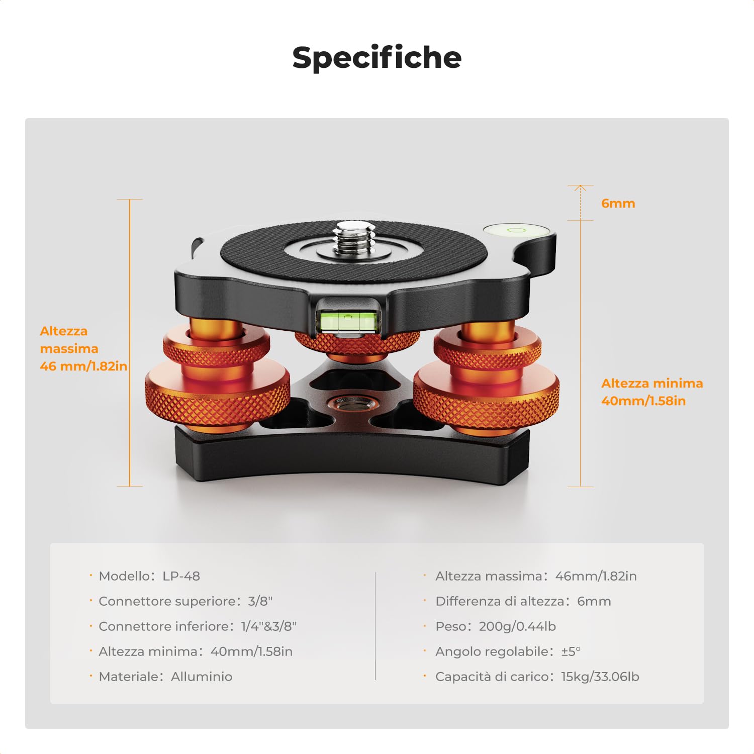 K&F Concept Base di Livellamento per Treppiede Fotocamera, Base in Alluminio con Vite da 3/8" e Adattatore a Vite da 1/4" a 3/8", Regolazione Precisa dell'angolo di ±5° per Fotografia Panoramica Micro