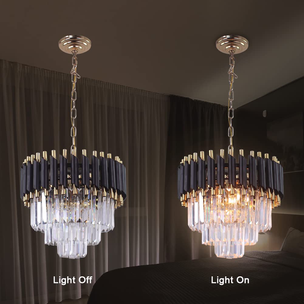 FRIXCHUR Moderne Kristall Kronleuchter 3-Tier Kristall Kronleuchter Licht 15,7 '' Schwarz und Gold Pendelleuchten für Wohnzimmer Küche Insel Foyer E14x5 Glühbirne (nicht enthalten Glühbirne)…