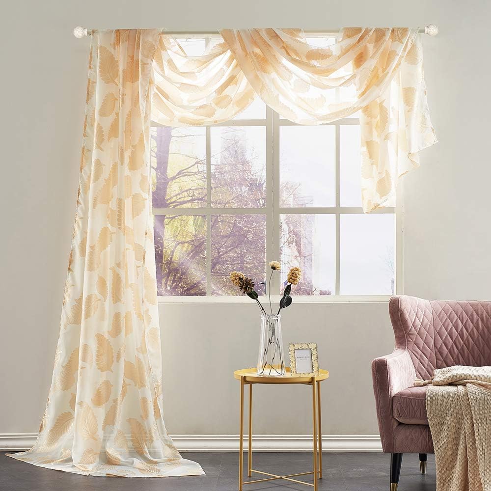 KEQIAOSUOCAI1 Piece Gold Yellow Jacquard Voile Window Scarf Curtain Sheer Leaves Jacquard Bedroom Drapes 52 inch Wide by 216 inch Length 1 Panel Sheer Scarf