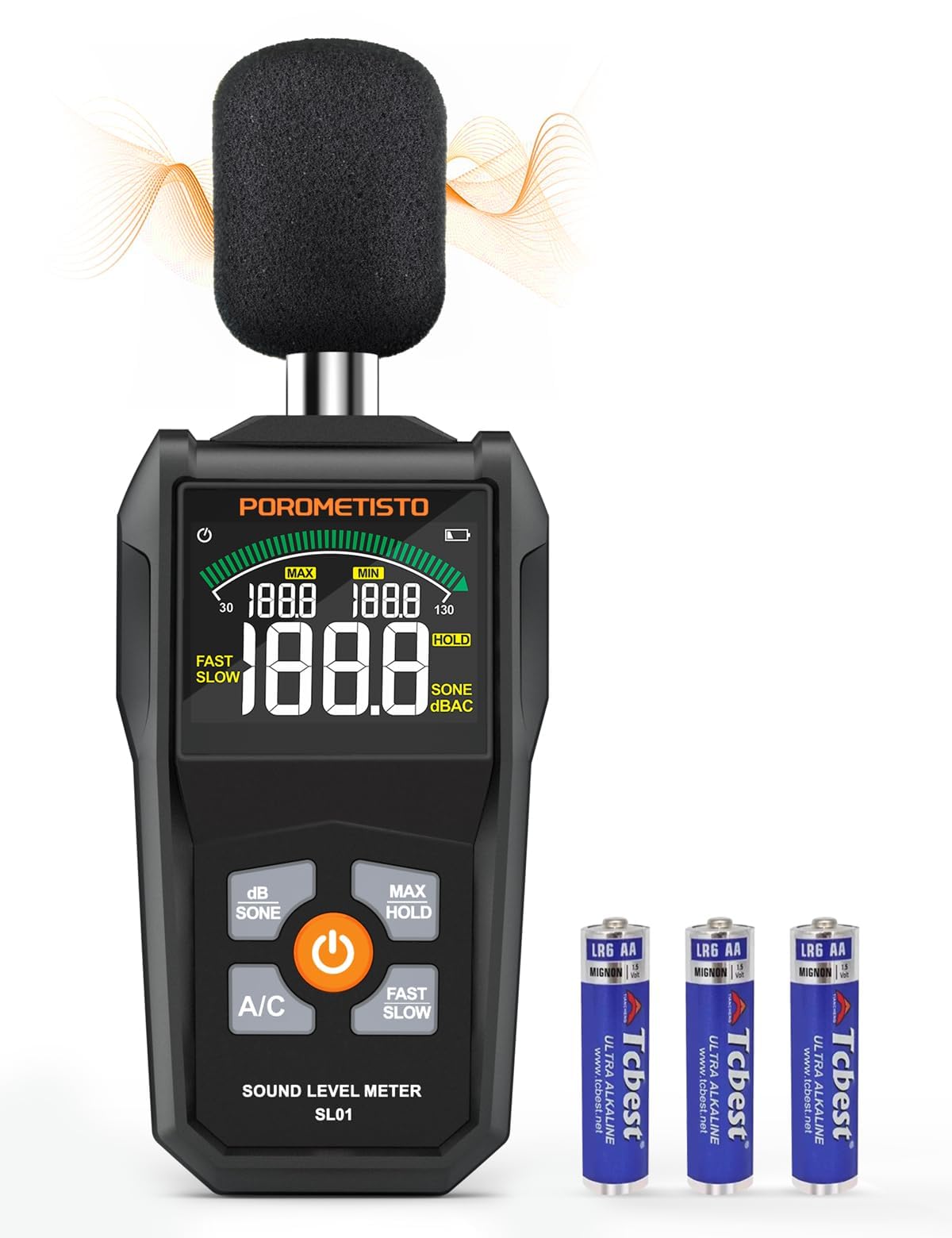 SL01 Sonometro - Medidor De Decibelios Profesional 30-130dB ±1.5dB, Pantalla LCD con Retroiluminación, Ponderación A/C, Respuesta Rápida/Lenta, para Vecinos Ruidosos, Hogar y Oficina