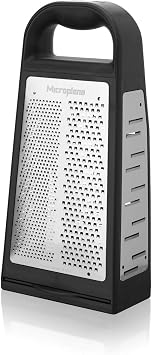 Microplane Elite Five Blade Box Grater with Measuring Cup Base, Five Grating Surfaces Including Fine, Coarse, Double-Sided Ribbon, Ultra-Coarse, and Slicer - Black