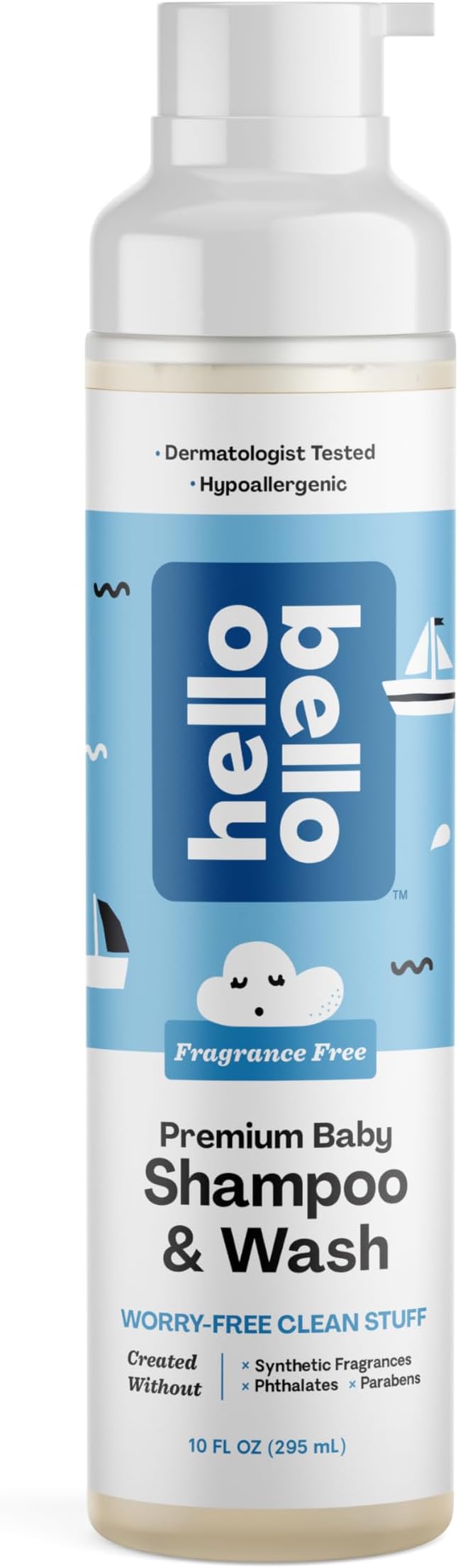 Hello Bello Shampoo and Body Wash, Gentle Hypoallergenic Formula for Babies and Kids, Vegan and Cruelty-Free, Fragrance Free, 10 fl oz
